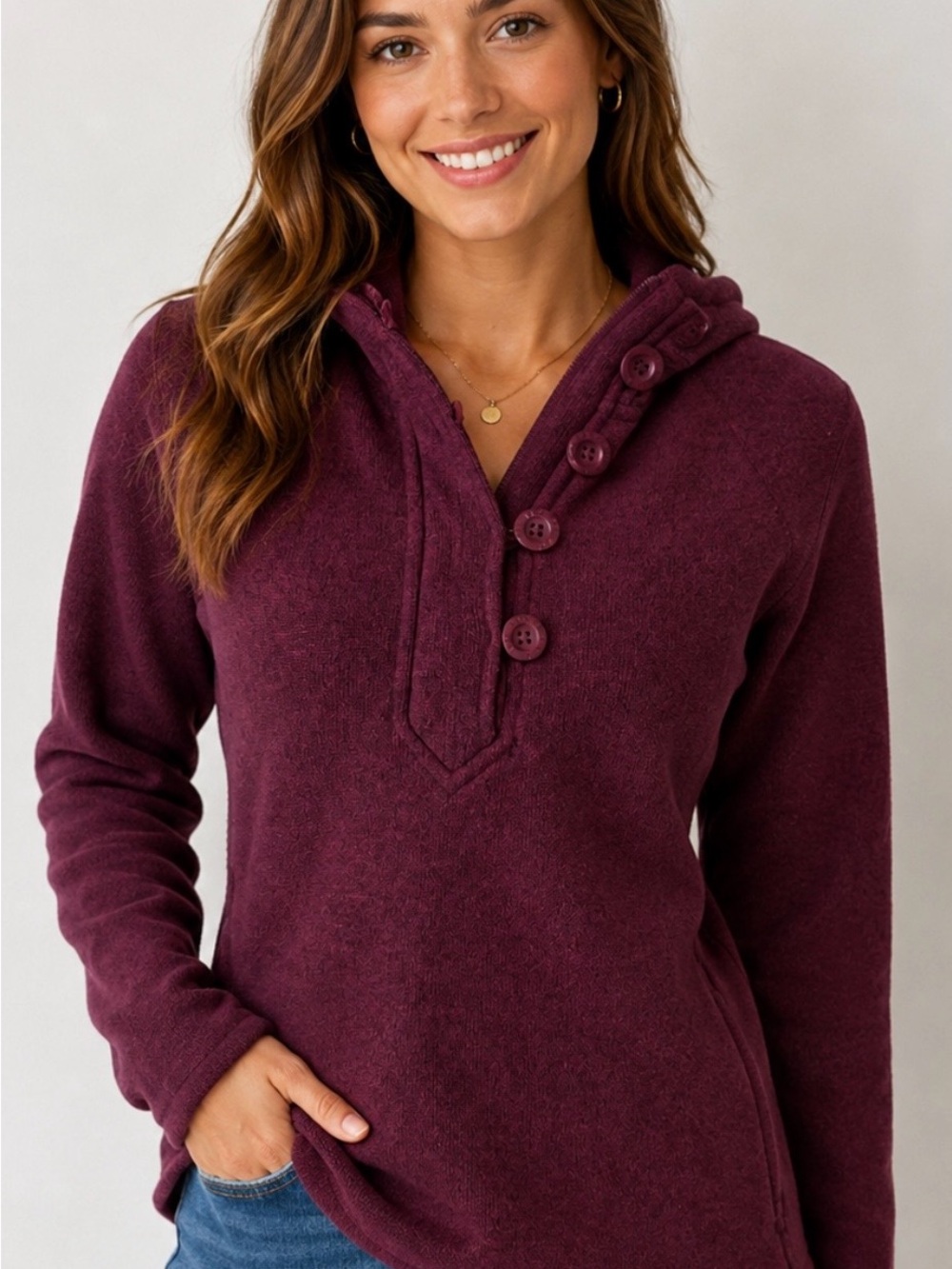 The North Face Burgundy Button-Quarter Zip Hooded Pullover Medium